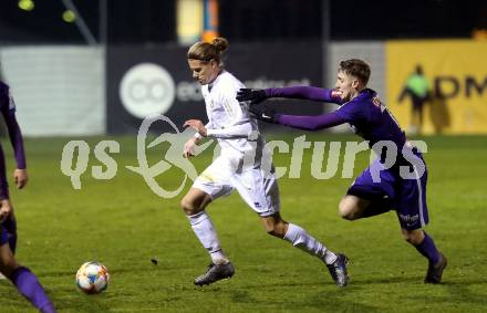 Fussball 2. Liga. SK Austria Klagenfurt gegen Young Violets Austria Wien. Patrick Greil,  (Austria Klagenfurt), Aleksandar Jukic (Young Violets Austria Wien). Klagenfurt, am 22.11.2019.
Foto: Kuess
www.qspictures.net
---
pressefotos, pressefotografie, kuess, qs, qspictures, sport, bild, bilder, bilddatenbank
