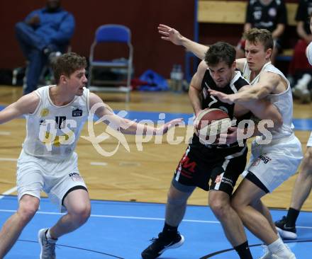 Basketball Zweite Liga 2019/2020. Grunddurchgang 11. Runde. Woerthersee Piraten gegen Mattersburg Rocks. Tevz Ruzic, Lukas Simoner (Piraten),  Marko Soldo (Mattersburg). Klagenfurt, am 23.11.2019.
Foto: Kuess
www.qspictures.net

---
pressefotos, pressefotografie, kuess, qs, qspictures, sport, bild, bilder, bilddatenbank