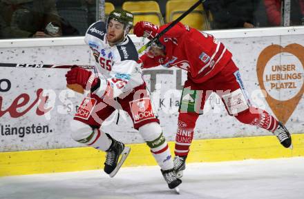 EBEL. Eishockey Bundesliga. KAC gegen	HCB Suedtirol Alperia. Johannes Bischofberger,  (KAC),  Kevin Spinozzi (Bozen). Klagenfurt, am 24.11.2019.
Foto: Kuess
www.qspictures.net

---
pressefotos, pressefotografie, kuess, qs, qspictures, sport, bild, bilder, bilddatenbank