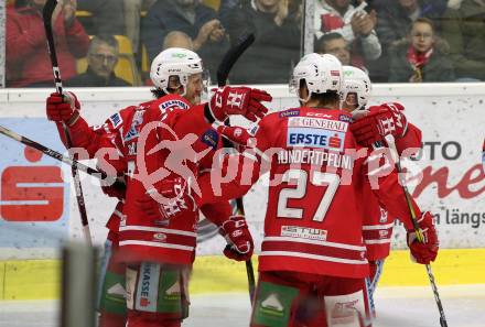 EBEL. Eishockey Bundesliga. KAC gegen	HCB Suedtirol Alperia. Torjubel Manuel Ganahl, Johannes Bischofberger, Thomas Hundertpfund, (KAC). Klagenfurt, am 24.11.2019.
Foto: Kuess
www.qspictures.net

---
pressefotos, pressefotografie, kuess, qs, qspictures, sport, bild, bilder, bilddatenbank