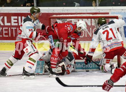 EBEL. Eishockey Bundesliga. KAC gegen	HCB Suedtirol Alperia. Andrew Jacob Kozek,  (KAC), Luka Vidmar, Daniel Glira (Bozen). Klagenfurt, am 24.11.2019.
Foto: Kuess
www.qspictures.net

---
pressefotos, pressefotografie, kuess, qs, qspictures, sport, bild, bilder, bilddatenbank