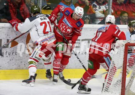 EBEL. Eishockey Bundesliga. KAC gegen	HCB Suedtirol Alperia. Petter Hansson,  (KAC), Daniel Glira (Bozen). Klagenfurt, am 24.11.2019.
Foto: Kuess
www.qspictures.net

---
pressefotos, pressefotografie, kuess, qs, qspictures, sport, bild, bilder, bilddatenbank