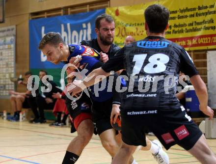 HLA. Handball Bundesliga. SC Kelag Ferlach gegen Sparkasse Schwaz Handball Tirol. Matic Kotar (Ferlach),  Sebastian Feichtinger, Richard Woess (Schwaz). Ferlach, am 23.11.2019.
Foto: Kuess
www.qspictures.net

---
pressefotos, pressefotografie, kuess, qs, qspictures, sport, bild, bilder, bilddatenbank