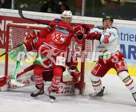 EBEL. Eishockey Bundesliga. KAC gegen	HCB Suedtirol Alperia. Patrick Harand,  (KAC), James Arniel (Bozen). Klagenfurt, am 24.11.2019.
Foto: Kuess
www.qspictures.net

---
pressefotos, pressefotografie, kuess, qs, qspictures, sport, bild, bilder, bilddatenbank