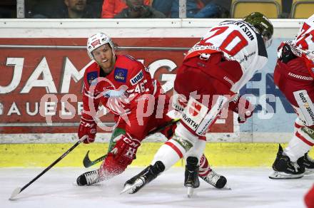 EBEL. Eishockey Bundesliga. KAC gegen	HCB Suedtirol Alperia. Johannes Bischofberger,  (KAC), Dennis Robertson (Bozen). Klagenfurt, am 24.11.2019.
Foto: Kuess
www.qspictures.net

---
pressefotos, pressefotografie, kuess, qs, qspictures, sport, bild, bilder, bilddatenbank
