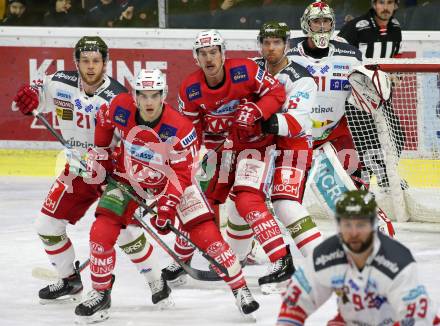 EBEL. Eishockey Bundesliga. KAC gegen	HCB Suedtirol Alperia. Lukas Haudum, Nicholas Eric Petersen, (KAC), Daniel Glira, Luka Vidmar, Leland Irving  (Bozen). Klagenfurt, am 24.11.2019.
Foto: Kuess
www.qspictures.net

---
pressefotos, pressefotografie, kuess, qs, qspictures, sport, bild, bilder, bilddatenbank
