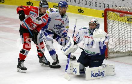EBEL. Eishockey Bundesliga. EC VSV gegen HC Znojmo.  Marko Poeyhoenen, Brandon Maxwell,  (VSV), Patrik Novak (Znojmo). Villach, am 29.11.2019.
Foto: Kuess
www.qspictures.net
---
pressefotos, pressefotografie, kuess, qs, qspictures, sport, bild, bilder, bilddatenbank