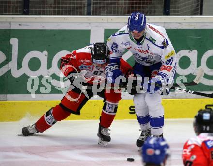 EBEL. Eishockey Bundesliga. EC VSV gegen HC Znojmo. Adis Alagic,   (VSV),  Ondrej Miklis (Znojmo). Villach, am 29.11.2019.
Foto: Kuess
www.qspictures.net
---
pressefotos, pressefotografie, kuess, qs, qspictures, sport, bild, bilder, bilddatenbank