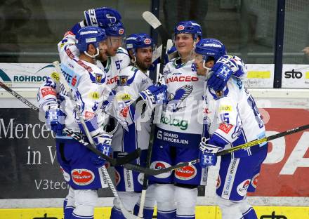 EBEL. Eishockey Bundesliga. EC VSV gegen HC Znojmo.  Torjubel  Jerry Pollastrone, Anton Karlsson, Brodie Reid (VSV). Villach, am 29.11.2019.
Foto: Kuess
www.qspictures.net
---
pressefotos, pressefotografie, kuess, qs, qspictures, sport, bild, bilder, bilddatenbank