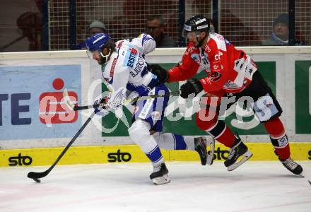 EBEL. Eishockey Bundesliga. EC VSV gegen HC Znojmo.  Patrick Bjorkstrand, (VSV), Jakub Stehlik  (Znojmo). Villach, am 29.11.2019.
Foto: Kuess
www.qspictures.net
---
pressefotos, pressefotografie, kuess, qs, qspictures, sport, bild, bilder, bilddatenbank