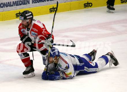 EBEL. Eishockey Bundesliga. EC VSV gegen HC Znojmo.  Miika Lahti,  (VSV),  Kevin Tansey (Znojmo). Villach, am 29.11.2019.
Foto: Kuess
www.qspictures.net
---
pressefotos, pressefotografie, kuess, qs, qspictures, sport, bild, bilder, bilddatenbank