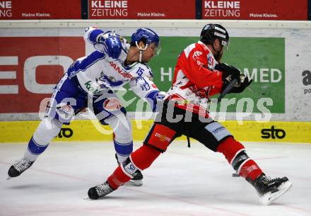EBEL. Eishockey Bundesliga. EC VSV gegen HC Znojmo.  Brodie Reid,  (VSV), Kevin Tansey (Znojmo). Villach, am 29.11.2019.
Foto: Kuess
www.qspictures.net
---
pressefotos, pressefotografie, kuess, qs, qspictures, sport, bild, bilder, bilddatenbank