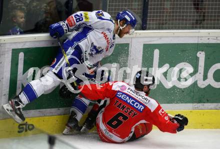 EBEL. Eishockey Bundesliga. EC VSV gegen HC Znojmo.  Miika Lahti, (VSV),  Kevin Tansey  (Znojmo). Villach, am 29.11.2019.
Foto: Kuess
www.qspictures.net
---
pressefotos, pressefotografie, kuess, qs, qspictures, sport, bild, bilder, bilddatenbank
