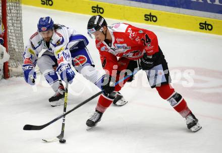 EBEL. Eishockey Bundesliga. EC VSV gegen HC Znojmo.  Christof Wappis,  (VSV), Petr Mrazek (Znojmo). Villach, am 29.11.2019.
Foto: Kuess
www.qspictures.net
---
pressefotos, pressefotografie, kuess, qs, qspictures, sport, bild, bilder, bilddatenbank