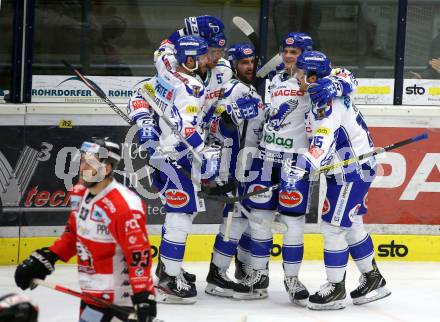 EBEL. Eishockey Bundesliga. EC VSV gegen HC Znojmo.  Torjubel Kevin Schmidt, Alen Bibic, Jerry Pollastrone, Anton Karlsson, Brodie Reid (VSV). Villach, am 29.11.2019.
Foto: Kuess
www.qspictures.net
---
pressefotos, pressefotografie, kuess, qs, qspictures, sport, bild, bilder, bilddatenbank
