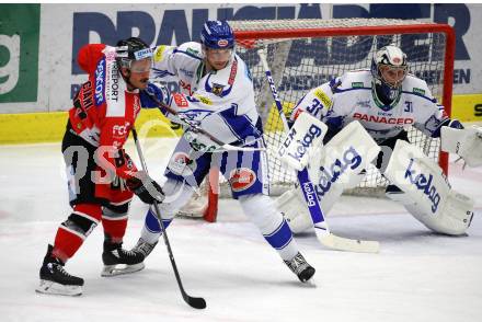 EBEL. Eishockey Bundesliga. EC VSV gegen HC Znojmo.  Stefan Bacher, Brandon Maxwell, (VSV),  Anthony Luciani  (Znojmo). Villach, am 29.11.2019.
Foto: Kuess
www.qspictures.net
---
pressefotos, pressefotografie, kuess, qs, qspictures, sport, bild, bilder, bilddatenbank