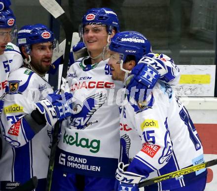 EBEL. Eishockey Bundesliga. EC VSV gegen HC Znojmo.  Torjubel  Jerry Pollastrone, Anton Karlsson, Brodie Reid (VSV). Villach, am 29.11.2019.
Foto: Kuess
www.qspictures.net
---
pressefotos, pressefotografie, kuess, qs, qspictures, sport, bild, bilder, bilddatenbank