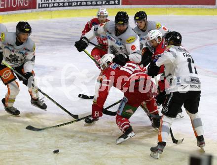 EBEL. Eishockey Bundesliga. KAC gegen	Dornbirn Bulldogs. Andrew Jacob Kozek,Thomas Koch,  (KAC), Mikko Vainonen, Kai Faessler (Dornbirn). Klagenfurt, am 1.12.2019.
Foto: Kuess
www.qspictures.net

---
pressefotos, pressefotografie, kuess, qs, qspictures, sport, bild, bilder, bilddatenbank