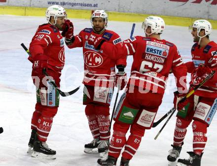 EBEL. Eishockey Bundesliga. KAC gegen	Dornbirn Bulldogs. Torjubel Andrew Jacob Kozek, Thomas Koch, Petter Hansson, Steven Strong (KAC). Klagenfurt, am 1.12.2019.
Foto: Kuess
www.qspictures.net

---
pressefotos, pressefotografie, kuess, qs, qspictures, sport, bild, bilder, bilddatenbank