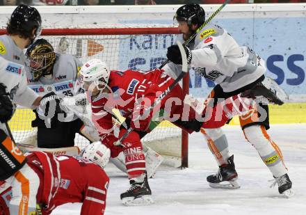 EBEL. Eishockey Bundesliga. KAC gegen	Dornbirn Bulldogs. Manuel Ganahl,   (KAC), Mikko Vainonen, Juha Johannes Jaervenpaeae (Dornbirn). Klagenfurt, am 1.12.2019.
Foto: Kuess
www.qspictures.net

---
pressefotos, pressefotografie, kuess, qs, qspictures, sport, bild, bilder, bilddatenbank