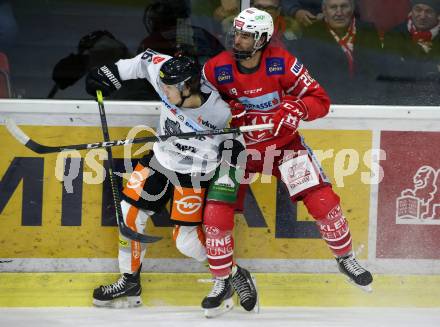EBEL. Eishockey Bundesliga. KAC gegen	Dornbirn Bulldogs.  Martin Schumnig,  (KAC), Simeon Schwinger (Dornbirn). Klagenfurt, am 1.12.2019.
Foto: Kuess
www.qspictures.net

---
pressefotos, pressefotografie, kuess, qs, qspictures, sport, bild, bilder, bilddatenbank