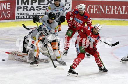 EBEL. Eishockey Bundesliga. KAC gegen	Dornbirn Bulldogs. Andrew Jacob Kozek, Matthew Neal, (KAC), Ramon Schnetzer, Juha Johannes Jaervenpaeae,   (Dornbirn). Klagenfurt, am 1.12.2019.
Foto: Kuess
www.qspictures.net

---
pressefotos, pressefotografie, kuess, qs, qspictures, sport, bild, bilder, bilddatenbank