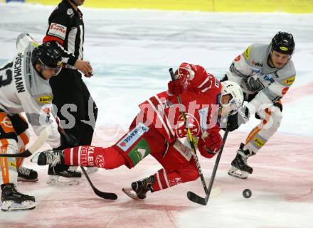 EBEL. Eishockey Bundesliga. KAC gegen	Dornbirn Bulldogs. Manuel Geier,  (KAC), Philipp Poeschmann, Jannik Froewis (Dornbirn). Klagenfurt, am 1.12.2019.
Foto: Kuess
www.qspictures.net

---
pressefotos, pressefotografie, kuess, qs, qspictures, sport, bild, bilder, bilddatenbank
