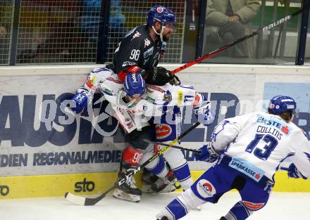 EBEL. Eishockey Bundesliga. EC VSV gegen HC TWK Innsbruck.  Christof Wappis, (VSV), Jan Lattner  (Innsbruck). Villach, am 3.12.2019.
Foto: Kuess
www.qspictures.net
---
pressefotos, pressefotografie, kuess, qs, qspictures, sport, bild, bilder, bilddatenbank