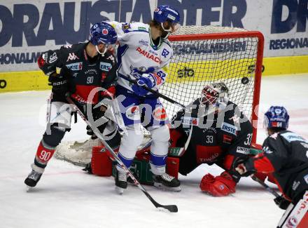 EBEL. Eishockey Bundesliga. EC VSV gegen HC TWK Innsbruck. Patrick Bjorkstrand,   (VSV), Tyler Cuma, Scott James Darling (Innsbruck). Villach, am 3.12.2019.
Foto: Kuess
www.qspictures.net
---
pressefotos, pressefotografie, kuess, qs, qspictures, sport, bild, bilder, bilddatenbank