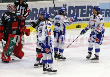 EBEL. Eishockey Bundesliga. EC VSV gegen HC TWK Innsbruck.  Torjubel Martin Ulmer, Chris Collins, Anton Karlsson (VSV). Villach, am 3.12.2019.
Foto: Kuess
www.qspictures.net
---
pressefotos, pressefotografie, kuess, qs, qspictures, sport, bild, bilder, bilddatenbank