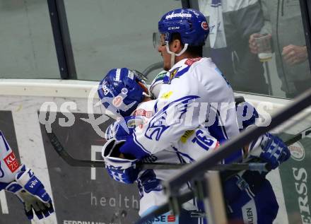 EBEL. Eishockey Bundesliga. EC VSV gegen HC TWK Innsbruck. Torjubel Patrick Spannring, Adis Alagic  (VSV). Villach, am 3.12.2019.
Foto: Kuess
www.qspictures.net
---
pressefotos, pressefotografie, kuess, qs, qspictures, sport, bild, bilder, bilddatenbank