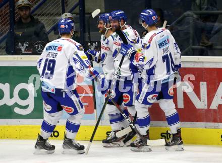 EBEL. Eishockey Bundesliga. EC VSV gegen HC TWK Innsbruck. Torjubel Jerry Pollastrone, Markus Schlacher, Stefan Bacher, Felix Maxa  (VSV). Villach, am 3.12.2019.
Foto: Kuess
www.qspictures.net
---
pressefotos, pressefotografie, kuess, qs, qspictures, sport, bild, bilder, bilddatenbank