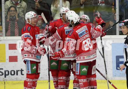 EBEL. Eishockey Bundesliga. KAC gegen	EC Red Bull Salzburg. Torjubel Johannes Bischofberger, Manuel Ganahl, Clemens Unterweger, Thomas HUndertpfund, Martin Schumnig (KAC). Klagenfurt, am 6.12.2019.
Foto: Kuess
www.qspictures.net

---
pressefotos, pressefotografie, kuess, qs, qspictures, sport, bild, bilder, bilddatenbank