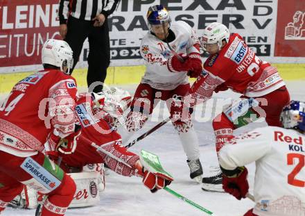 EBEL. Eishockey Bundesliga. KAC gegen	EC Red Bull Salzburg. Lars Haugen, Clemens Unterweger, (KAC),  John Hughes  (Salzburg). Klagenfurt, am 6.12.2019.
Foto: Kuess
www.qspictures.net

---
pressefotos, pressefotografie, kuess, qs, qspictures, sport, bild, bilder, bilddatenbank