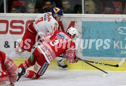 EBEL. Eishockey Bundesliga. KAC gegen	EC Red Bull Salzburg. David Joseph Fischer,  (KAC), Filip Varejcka (Salzburg). Klagenfurt, am 6.12.2019.
Foto: Kuess
www.qspictures.net

---
pressefotos, pressefotografie, kuess, qs, qspictures, sport, bild, bilder, bilddatenbank