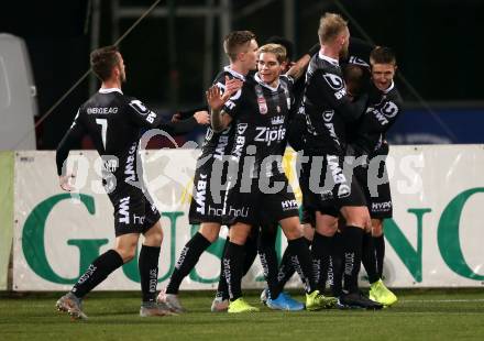 Fussball Bundesliga. RZ Pellets WAC gegen LASK.  Torjubel Rene Renner, Dominik Frieser, Reinhold Ranftl, Samuel Tetteh, Joao Klauss De Mello, Petar Filipovic  (LASK). Wolfsberg, am 7.12.2019.
Foto: Kuess
www.qspictures.net

---
pressefotos, pressefotografie, kuess, qs, qspictures, sport, bild, bilder, bilddatenbank