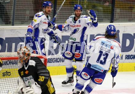 EBEL. Eishockey Bundesliga. EC VSV gegen spusu Vienna Capitals. Torjubel Brodie Reid, Kevin Schmidt, Chris Collins  (VSV). Villach, am 8.12.2019.
Foto: Kuess
www.qspictures.net
---
pressefotos, pressefotografie, kuess, qs, qspictures, sport, bild, bilder, bilddatenbank