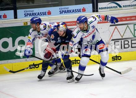 EBEL. Eishockey Bundesliga. EC VSV gegen EC Red Bull Salzburg. Wolf Bernd,  Pollastrone Jerry  (VSV), Brickley Connor (Salzburg). Villach, am 13.12.2019.
Foto: Kuess
www.qspictures.net
---
pressefotos, pressefotografie, kuess, qs, qspictures, sport, bild, bilder, bilddatenbank