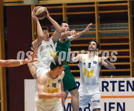 Basketball Zweite Liga 2019/2020. Grunddurchgang 14. Runde. Woerthersee Piraten gegen Dornbirn Lions. Simon Finzgar, Sebastian Schaal,  (Piraten),  Valentin Dodig (Dornbirn). Klagenfurt, am 14.12.2019.
Foto: Kuess
www.qspictures.net

---
pressefotos, pressefotografie, kuess, qs, qspictures, sport, bild, bilder, bilddatenbank
