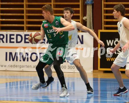 Basketball Zweite Liga 2019/2020. Grunddurchgang 14. Runde. Woerthersee Piraten gegen Dornbirn Lions.  Simon Finzgar,  (Piraten), Javier Medori (Dornbirn). Klagenfurt, am 14.12.2019.
Foto: Kuess
www.qspictures.net

---
pressefotos, pressefotografie, kuess, qs, qspictures, sport, bild, bilder, bilddatenbank