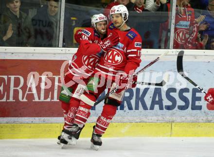EBEL. Eishockey Bundesliga. KAC gegen	EHC Liwest Black Wings Linz. Torjubel Johannes Bischofberger, Manuel Ganahl (KAC). Klagenfurt, am 15.12.2019.
Foto: Kuess
www.qspictures.net

---
pressefotos, pressefotografie, kuess, qs, qspictures, sport, bild, bilder, bilddatenbank