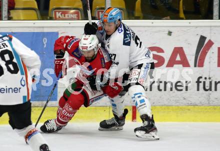 EBEL. Eishockey Bundesliga. KAC gegen	EHC Liwest Black Wings Linz.  Thomas Koch,  (KAC), Moritz Matzka (Linz). Klagenfurt, am 15.12.2019.
Foto: Kuess
www.qspictures.net

---
pressefotos, pressefotografie, kuess, qs, qspictures, sport, bild, bilder, bilddatenbank