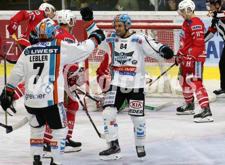 EBEL. Eishockey Bundesliga. KAC gegen	EHC Liwest Black Wings Linz.  Torjubel Dragan Umicevic, Brian Lebler  (Linz). Klagenfurt, am 15.12.2019.
Foto: Kuess
www.qspictures.net

---
pressefotos, pressefotografie, kuess, qs, qspictures, sport, bild, bilder, bilddatenbank