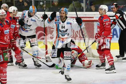 EBEL. Eishockey Bundesliga. KAC gegen	EHC Liwest Black Wings Linz. Torjubel Dragan Umicevic  (Linz). Klagenfurt, am 15.12.2019.
Foto: Kuess
www.qspictures.net

---
pressefotos, pressefotografie, kuess, qs, qspictures, sport, bild, bilder, bilddatenbank