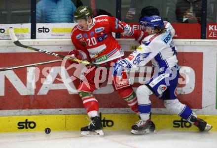 EBEL. Eishockey Bundesliga. EC VSV gegen HCB Suedtirol Alperia.  Christof Wappis,  (VSV),  Dennis Robertson (Bozen). Villach, am 20.12.2019.
Foto: Kuess
www.qspictures.net
---
pressefotos, pressefotografie, kuess, qs, qspictures, sport, bild, bilder, bilddatenbank