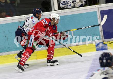 EBEL. Eishockey Bundesliga. KAC gegen	Hydro Fehervar AV 19. Obersteiner Daniel (KAC), Girard Felix (Alba Volan). Klagenfurt, am 15.12.2019.
Foto: Kuess
www.qspictures.net

---
pressefotos, pressefotografie, kuess, qs, qspictures, sport, bild, bilder, bilddatenbank