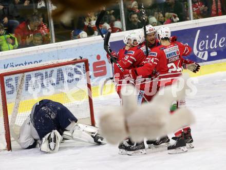 EBEL. Eishockey Bundesliga. KAC gegen	Hydro Fehervar AV 19. Torjubel Neal Matthew, Geier Stefan, Strong Steven, Haudum Lukas,  (KAC). Klagenfurt, am 15.12.2019.
Foto: Kuess
www.qspictures.net

---
pressefotos, pressefotografie, kuess, qs, qspictures, sport, bild, bilder, bilddatenbank