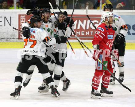 EBEL. Eishockey Bundesliga. KAC gegen	Moser Medical Graz99ers. Torjubel Ken Ograjensek, Daniel Oberkofler, Philipp Lindner  (Graz). Klagenfurt, am 28.12.2019.
Foto: Kuess
www.qspictures.net

---
pressefotos, pressefotografie, kuess, qs, qspictures, sport, bild, bilder, bilddatenbank