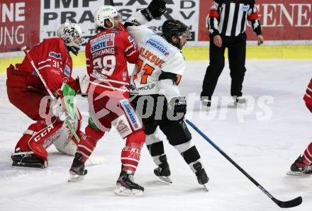 EBEL. Eishockey Bundesliga. KAC gegen	Moser Medical Graz99ers. David Madlener, Martin Schumnig,  (KAC), Travis Oleksuk (Graz). Klagenfurt, am 28.12.2019.
Foto: Kuess
www.qspictures.net

---
pressefotos, pressefotografie, kuess, qs, qspictures, sport, bild, bilder, bilddatenbank