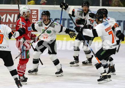 EBEL. Eishockey Bundesliga. KAC gegen	Moser Medical Graz99ers. Torjubel Ken Ograjensek, Kevin Moderer, Daniel Oberkofler  (Graz). Klagenfurt, am 28.12.2019.
Foto: Kuess
www.qspictures.net

---
pressefotos, pressefotografie, kuess, qs, qspictures, sport, bild, bilder, bilddatenbank
